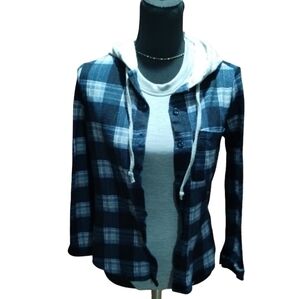 Polly & Esther Blue and white plaid flannel hoodie.